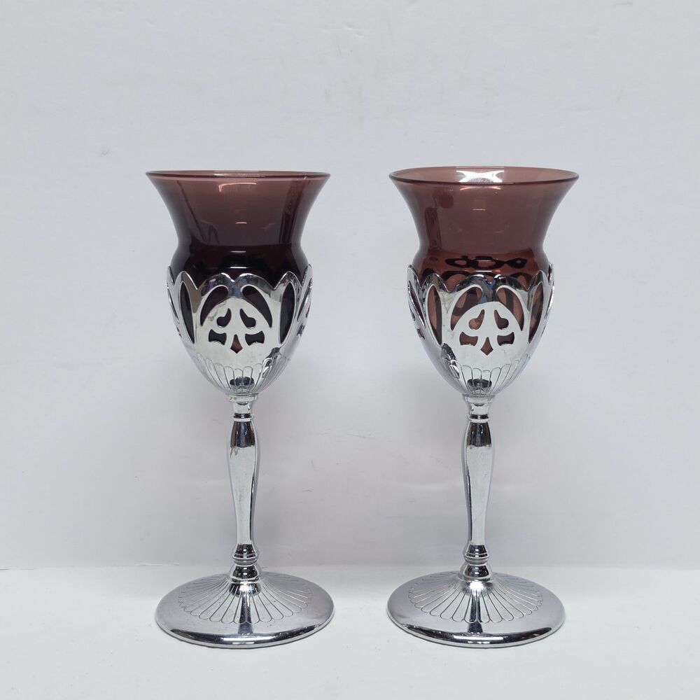 Set Of 2 Farber Bros Krome Kraft Amethyst Cambridge Glass 6 1/2" Wine Stem